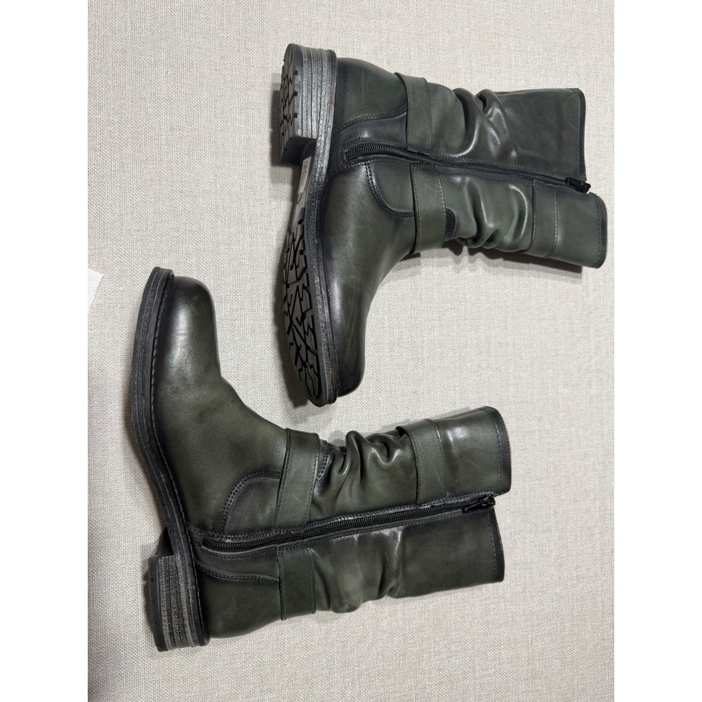 Eric Michael Green Leather Slouch Moto Mid-Calf Boots Buckle Straps Womens 38 - Picture 3 of 10